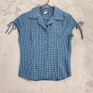 Vintage 90s Rave Shirt Womens S Blue Plaid Button Front Collared Cap Tie Sleeve